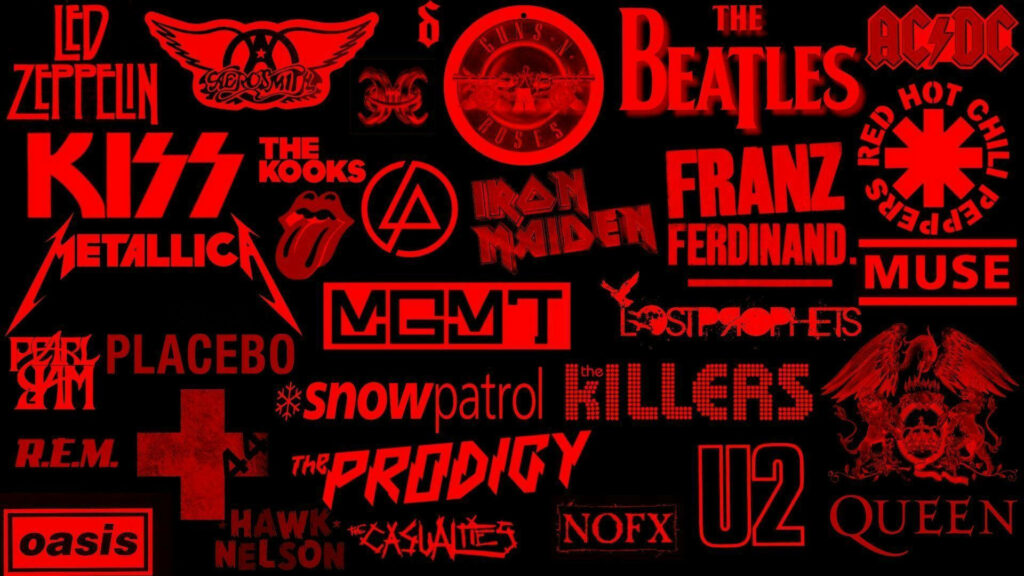 Rebel Rockers: Unleash the Fire of 80s Music Amidst a Seductive Red Abyss Wallpaper