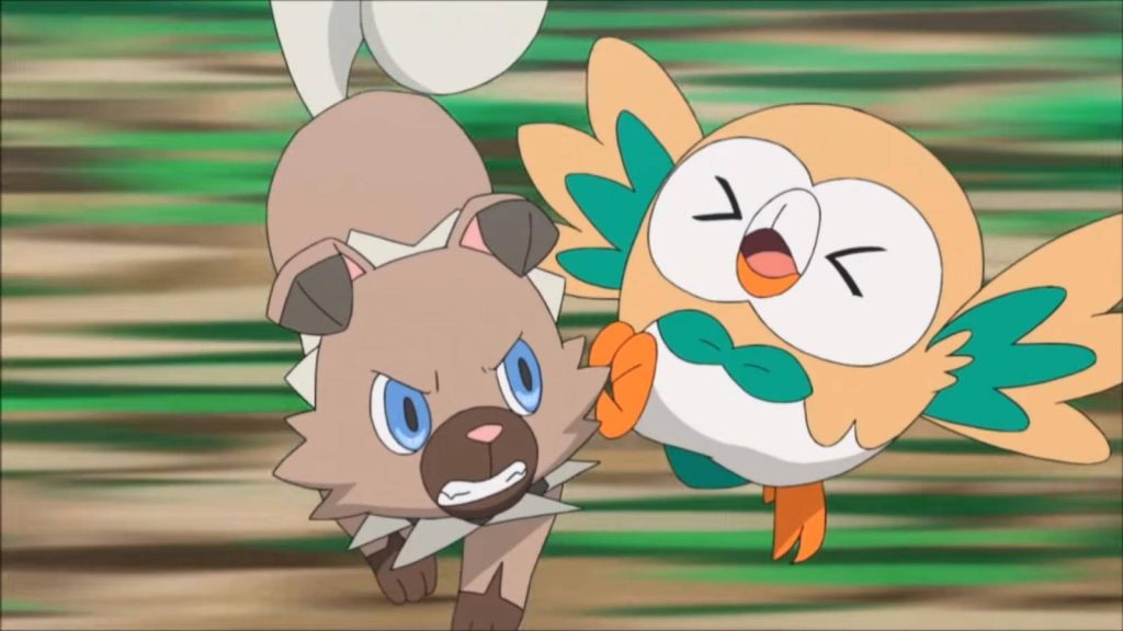 Rockruff and Rowlet Pokémon battle wallpaper vibrant anime style dynamic action scene background