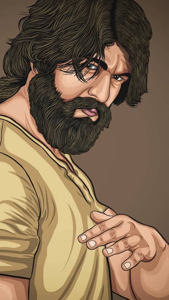 Digital artwork of KGF star Yash as Rocky Bhai intense gaze beard wavy hair vector portrait wallpaper