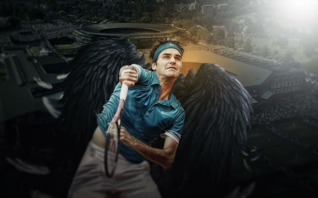 Roger Federer Wallpaper: Intense Tennis with Black Angel Wings
