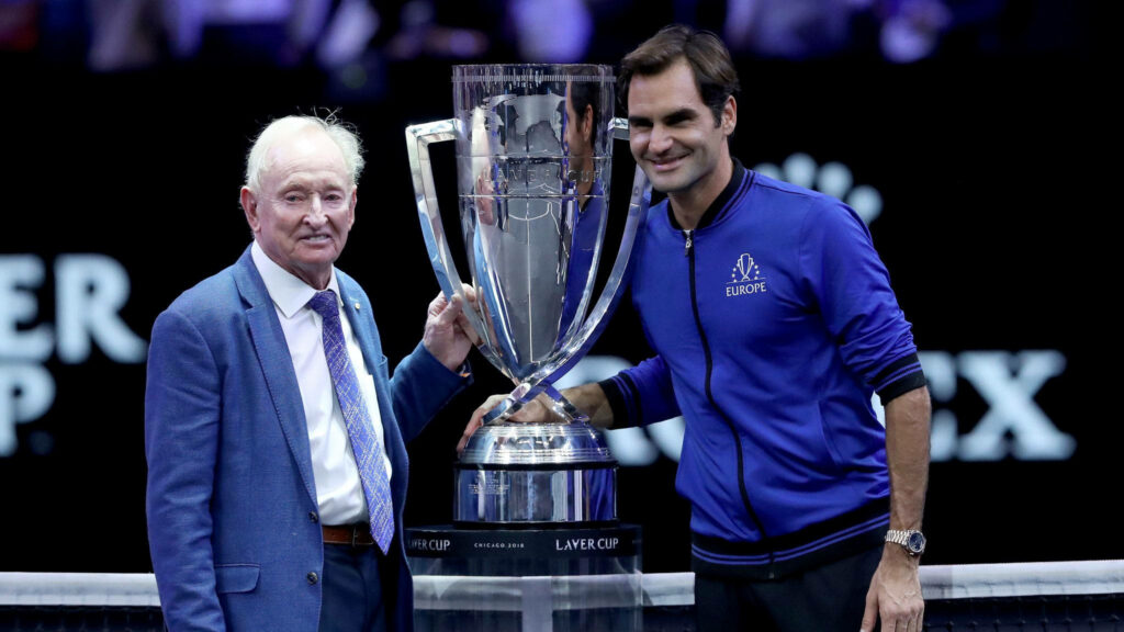 Roger Federer & Rod Laver: Iconic Laver Cup Trophy Wallpaper