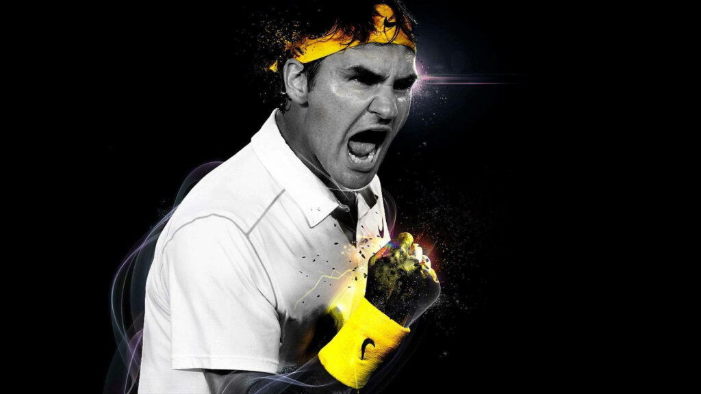 Roger Federer Tennis Wallpaper: Intense Action with Bold Yellow Accents