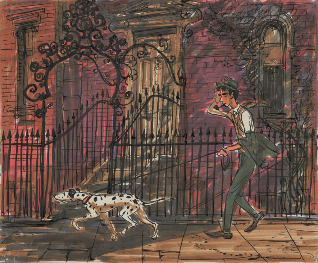 The Gentleman and His Spotted Companion: A Stroll in Front of the Charming Crimson Residence Wallpaper