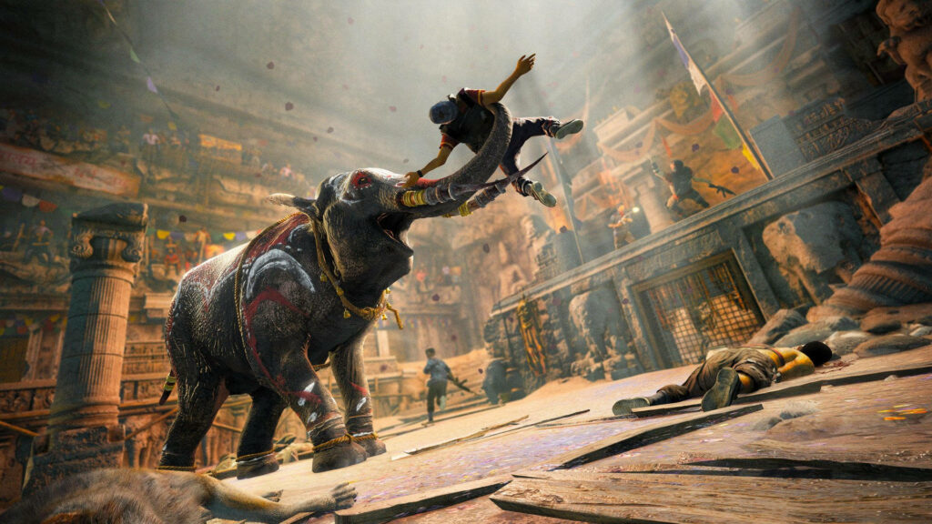 Raging Rogue: A Majestic Elephant Unleashes Havoc in an Ancient Hall Wallpaper
