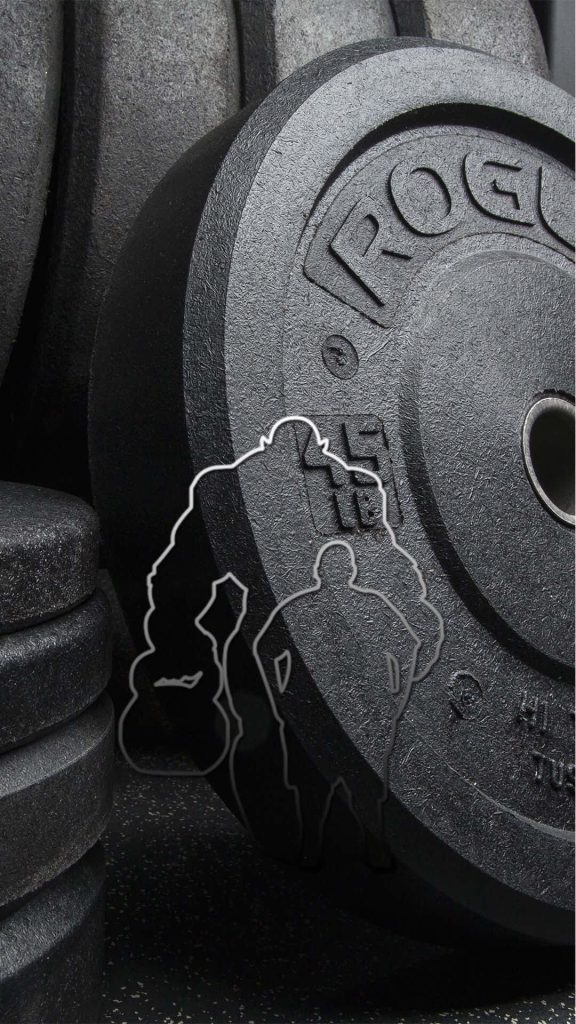 Gym-inspired wallpaper with black Rogue weight plates and minimalist bodybuilder line art design