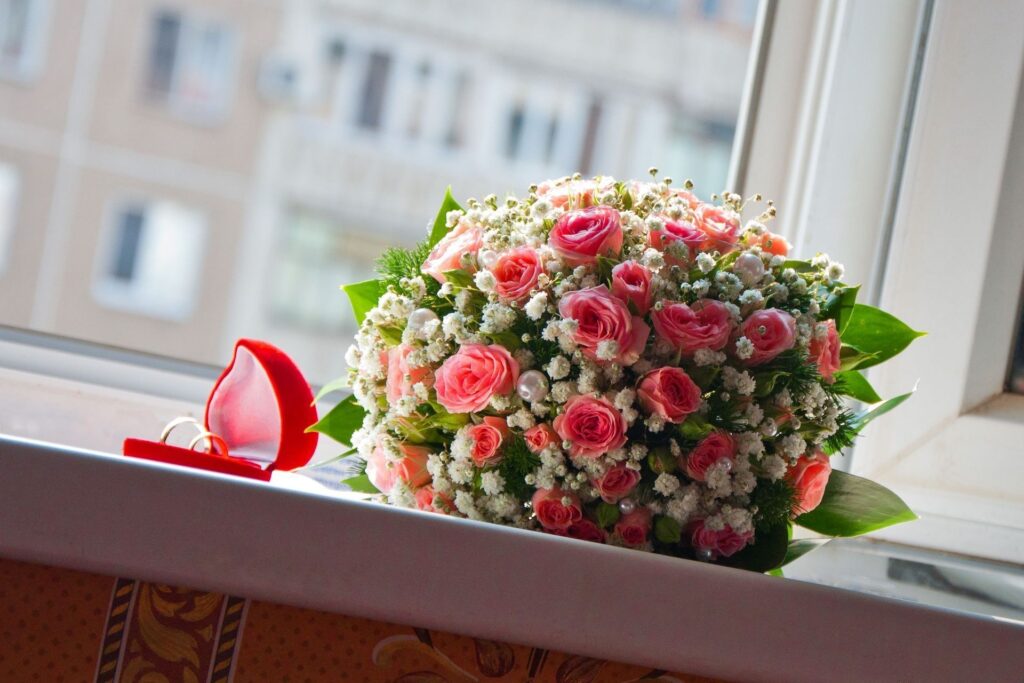 Romantic Bouquet of Roses on Windowsill - Perfect Wedding Background Wallpaper