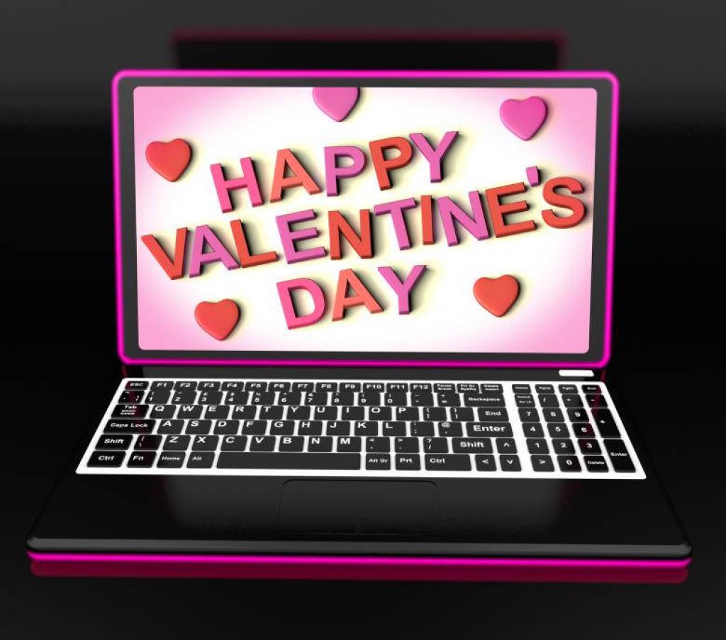 3D digital art laptop wallpaper with Happy Valentines Day text and floating pink hearts background