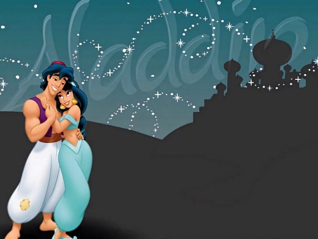 Romantic Aladdin & Jasmine Wallpaper Against a Starry Agrabah Night