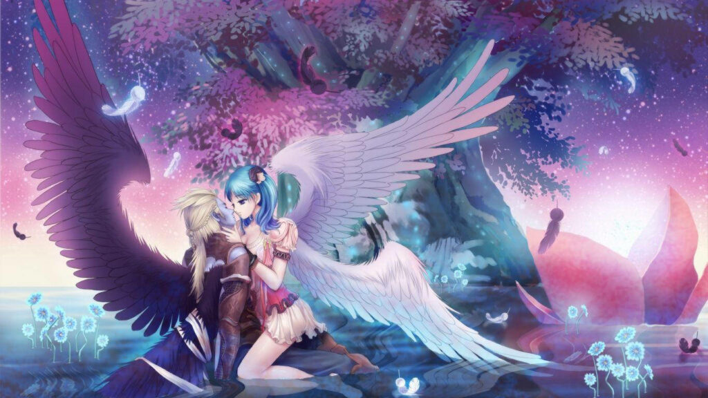 Harmonious Passion: An Enchanting Encounter of Angelic and Demonic Love amidst Nature's Embrace Wallpaper