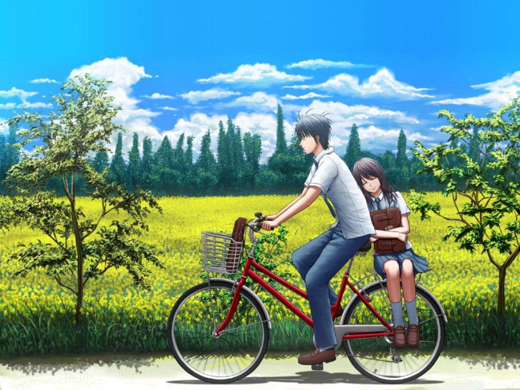 Enchanting Amore: A Serene Bike Ride Through Nature's Embrace Wallpaper