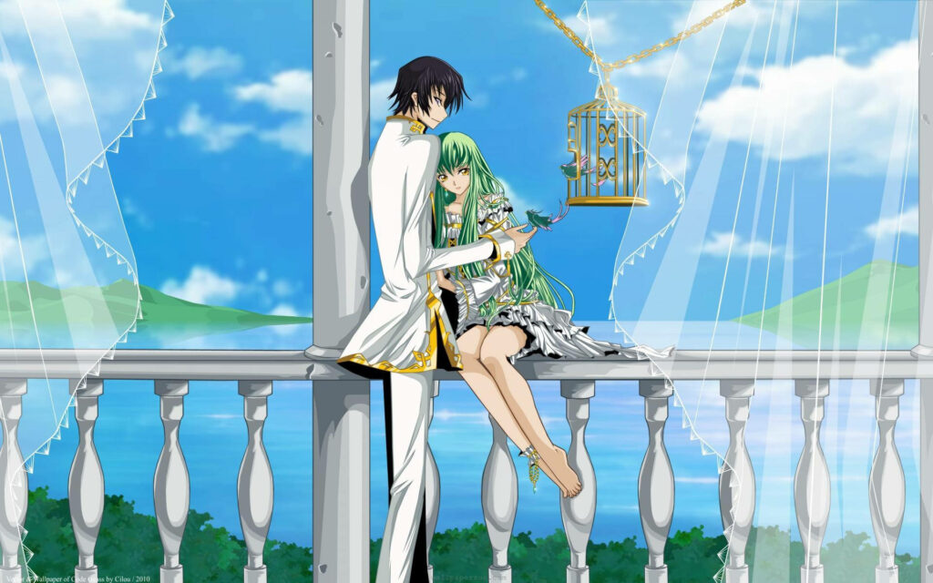 Lovebirds on the Balcony: A Romantic Anime Moment with a Breathtaking Waterfront View Wallpaper