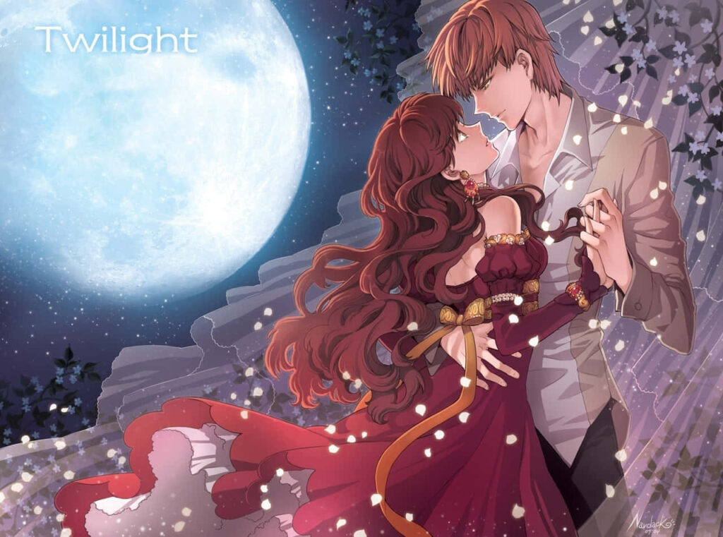 Romantic Anime Couple Embrace beneath a Majestic Moonlit Sky Wallpaper
