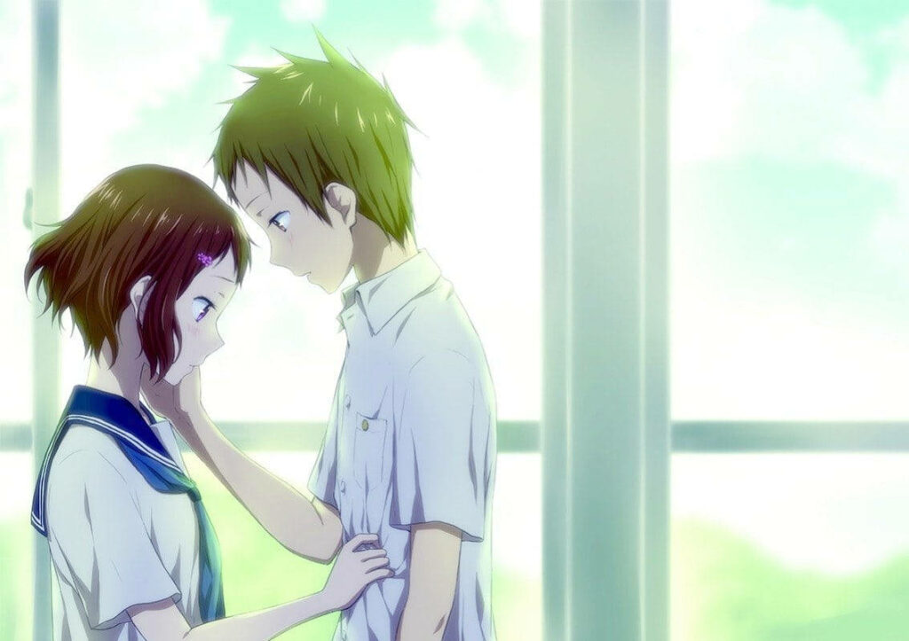 Captivating Chemistry: A Heartwarming Snapshot of Mayaka and Satoshi's Adorable Romance in Hyouka Wallpaper