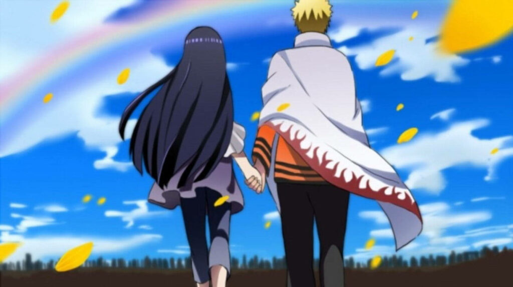 Love's Gentle Embrace: Naruto and Hinata Stroll Hand-in-Hand in this Anime Wall Art Wallpaper