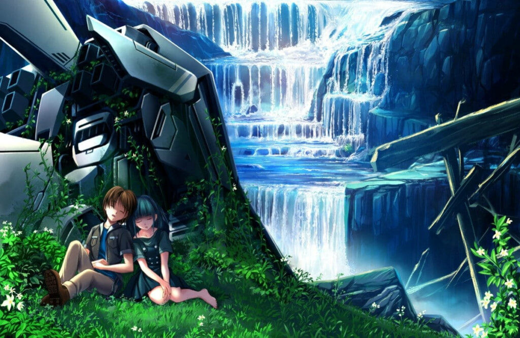 Whispering Love: Serene Anime Couple Embraces Amidst Majestic Waterfall Wallpaper