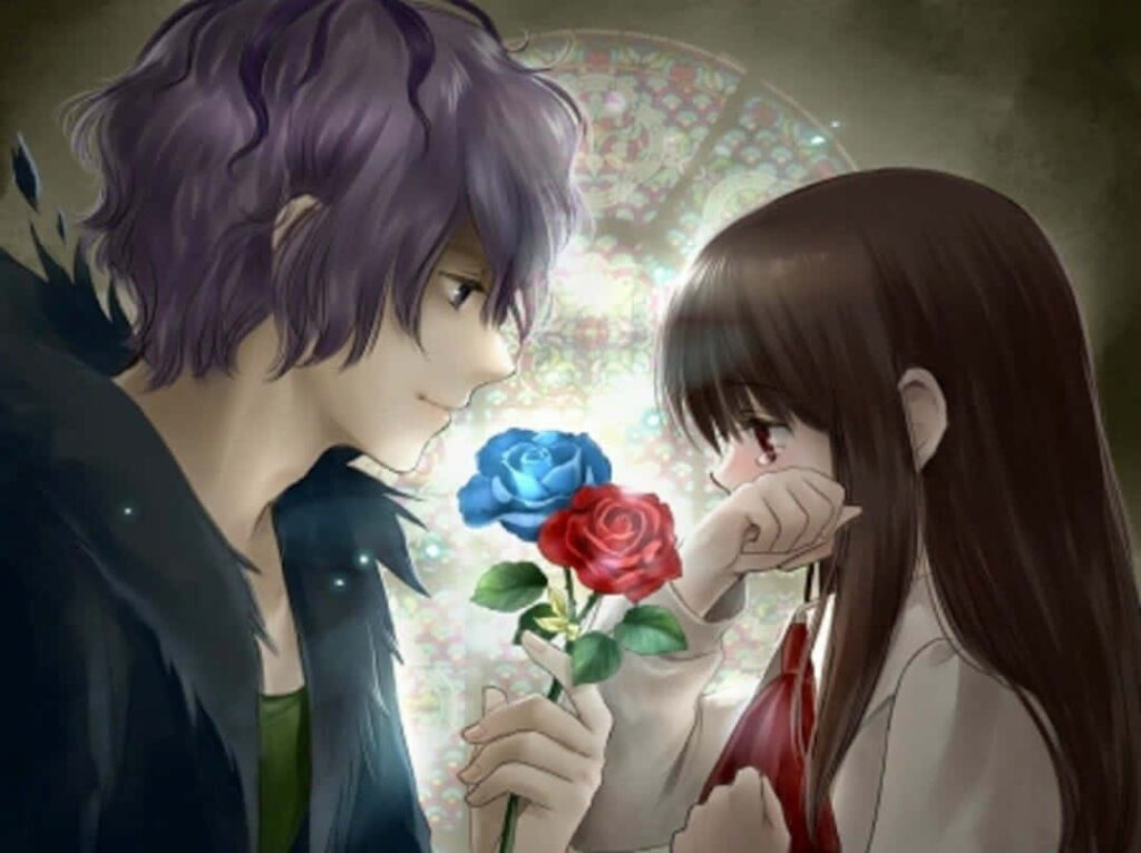 Soulful Connection: A Captivating Anime Duo Embracing Romance Amongst Petals Wallpaper