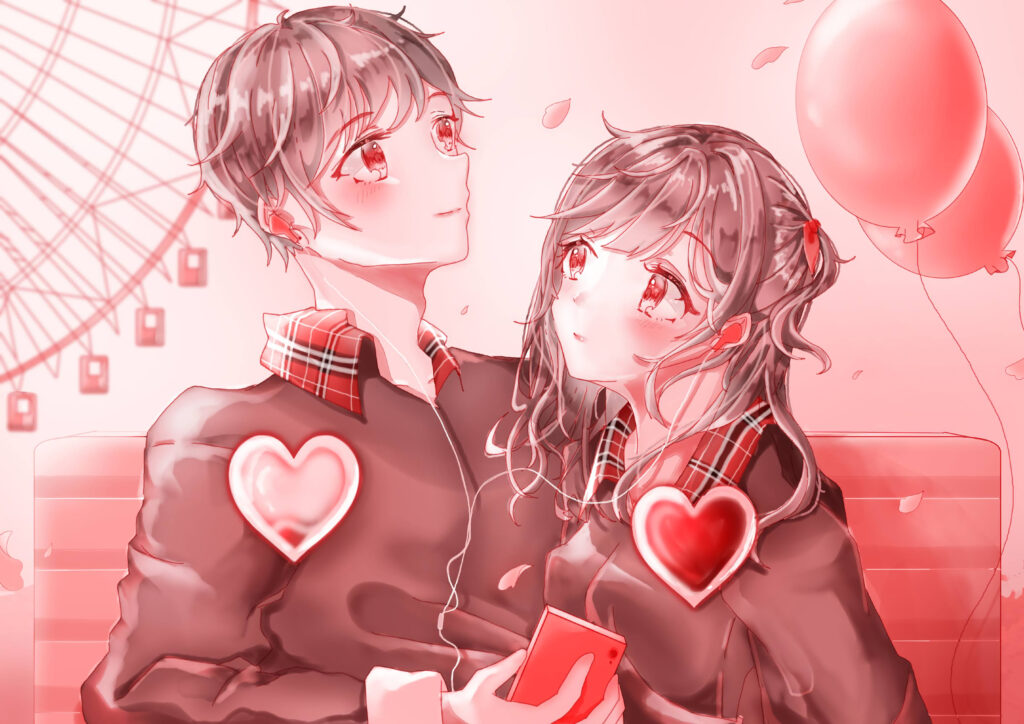 Romantic Anime Wallpaper: Love, Hearts & Balloons in Soft Tones