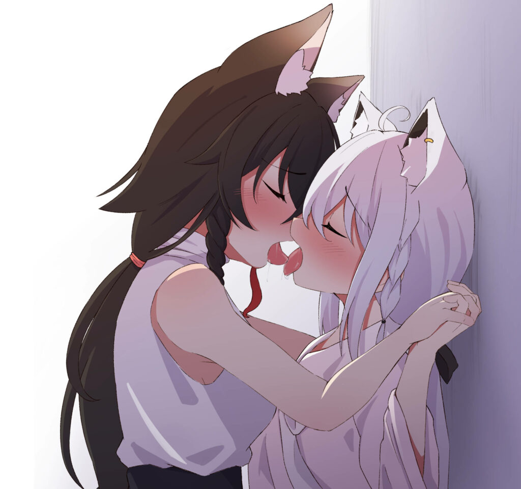 Romantic Anime Wallpaper: Girls with Cat Ears Sharing a Kiss