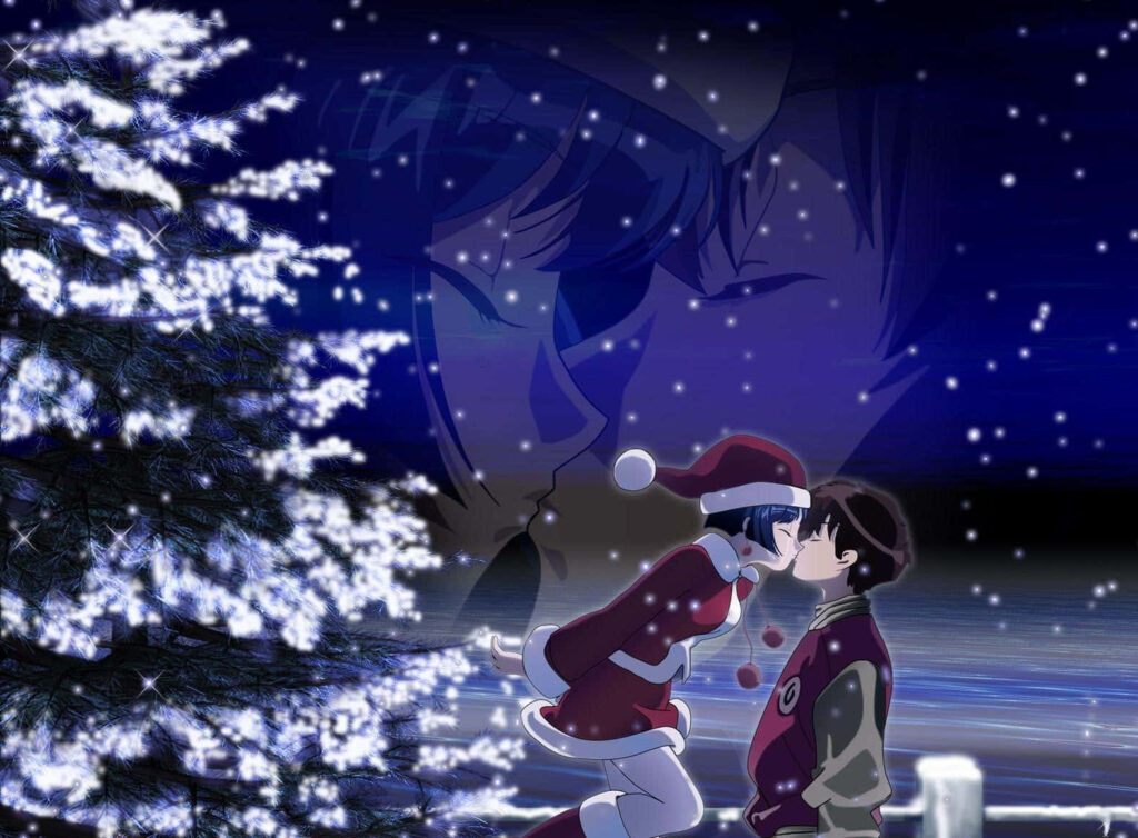 Romantic Winter Anime Wallpaper: Kiss under the Christmas Tree