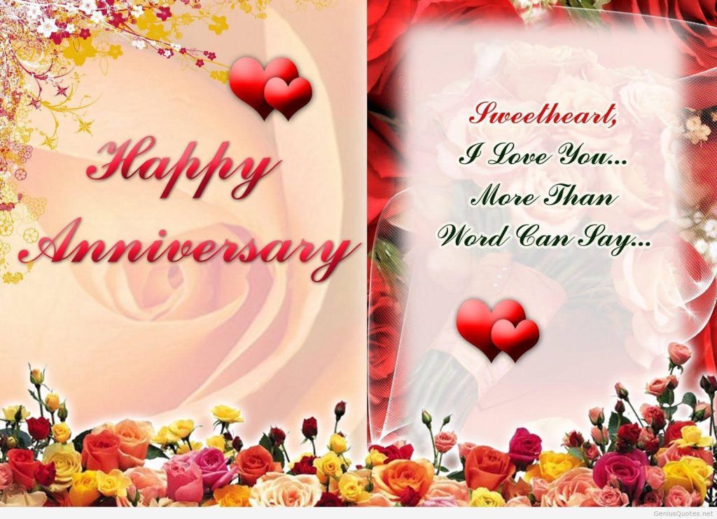 Romantic anniversary wallpaper with red yellow roses heart icons Happy Anniversary quote background