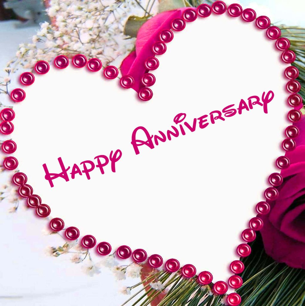 Romantic anniversary wallpaper with magenta beaded heart and pink roses on white background