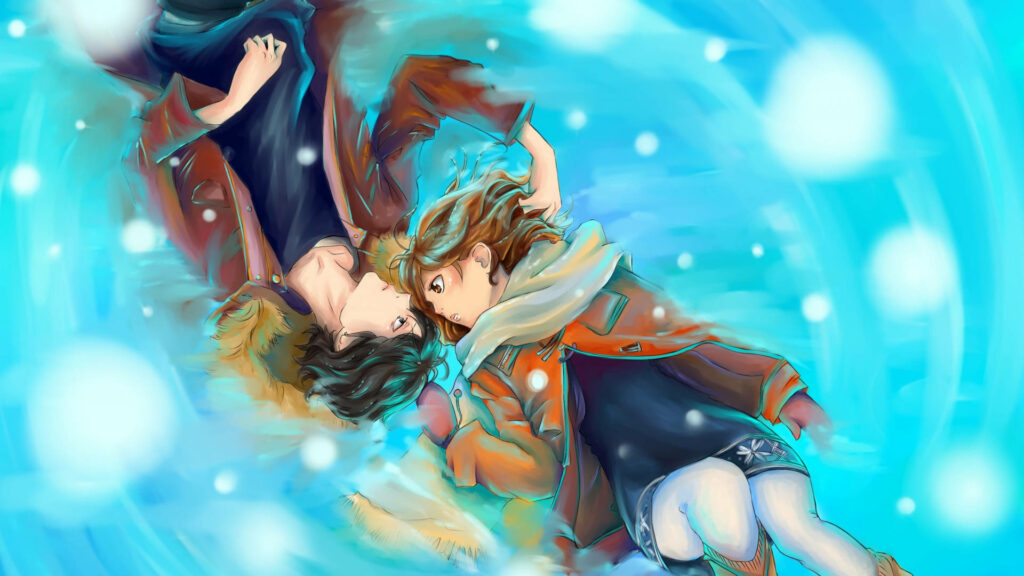 Romantic Ao Haru Ride wallpaper with two characters lying close surrounded by blue hues