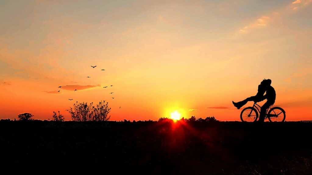 Bike Lovebirds Serenade the Sunset: A Whimsical Journey through Fields of Romance Wallpaper