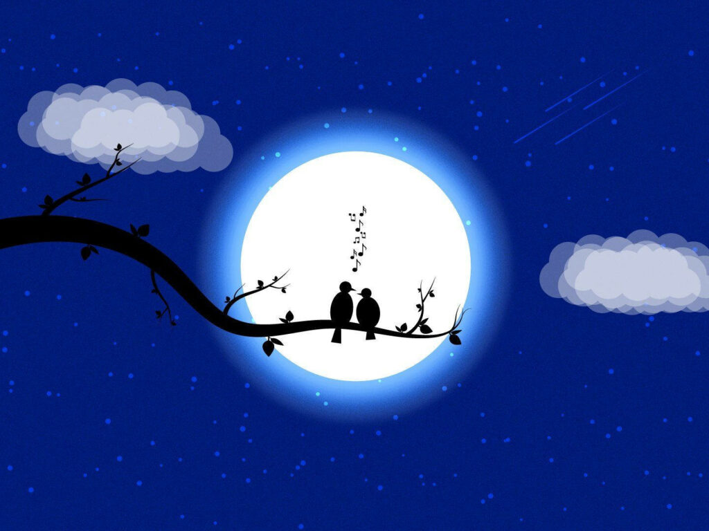 Serene Moonlit Wallpaper with Silhouetted Birds and Musical Notes