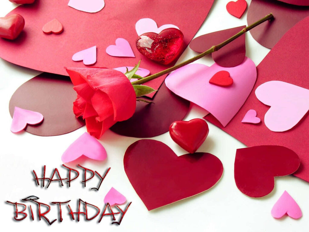 Romantic Heart Wallpaper with Red Rose & Happy Birthday Text