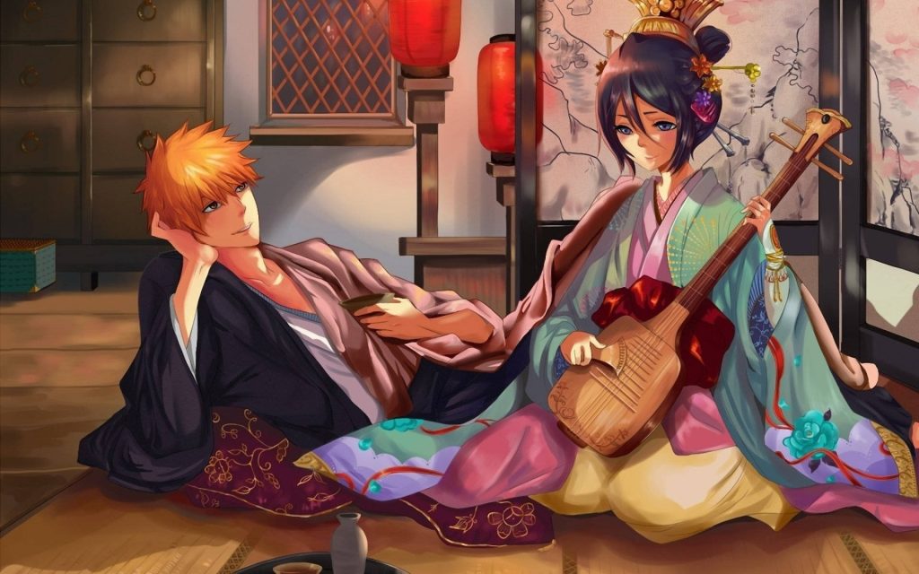 Bleach anime wallpaper Ichigo Kurosaki and Rukia Kuchiki cozy traditional Japanese setting