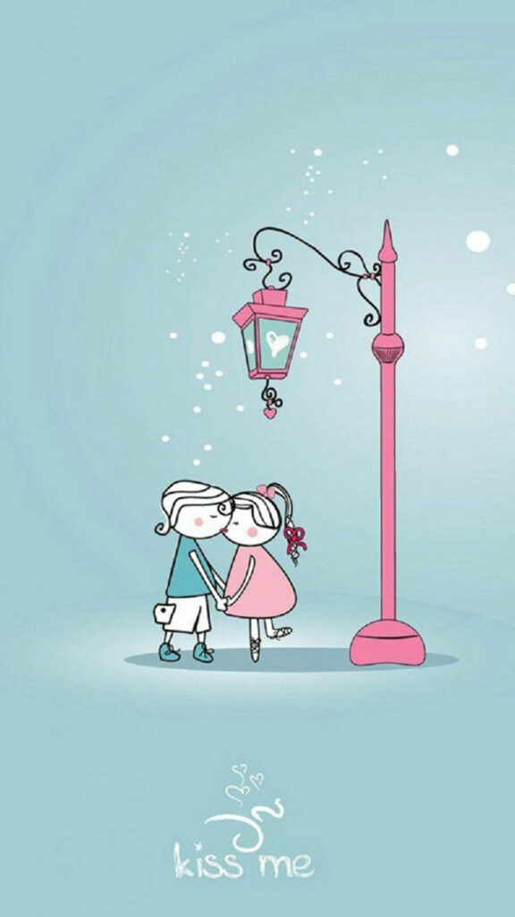 Romantic Bliss: Colorful Cartoon Couple Embracing Love's Delight under a Pink Streetlight on Light Green Canvas Wallpaper
