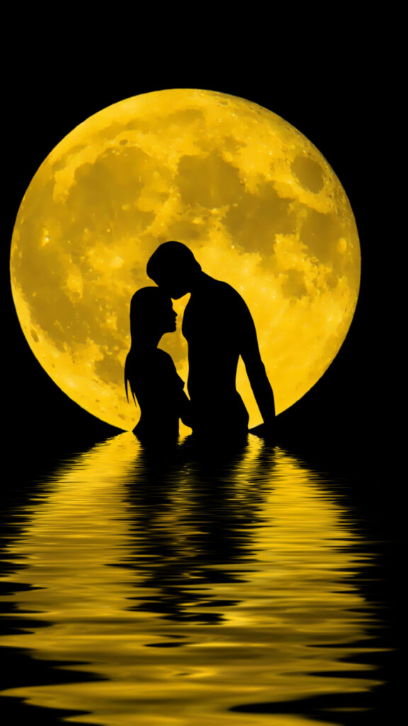 Romantic couple silhouette in water under full moon with glowing reflection on rippling surface Wallpaper