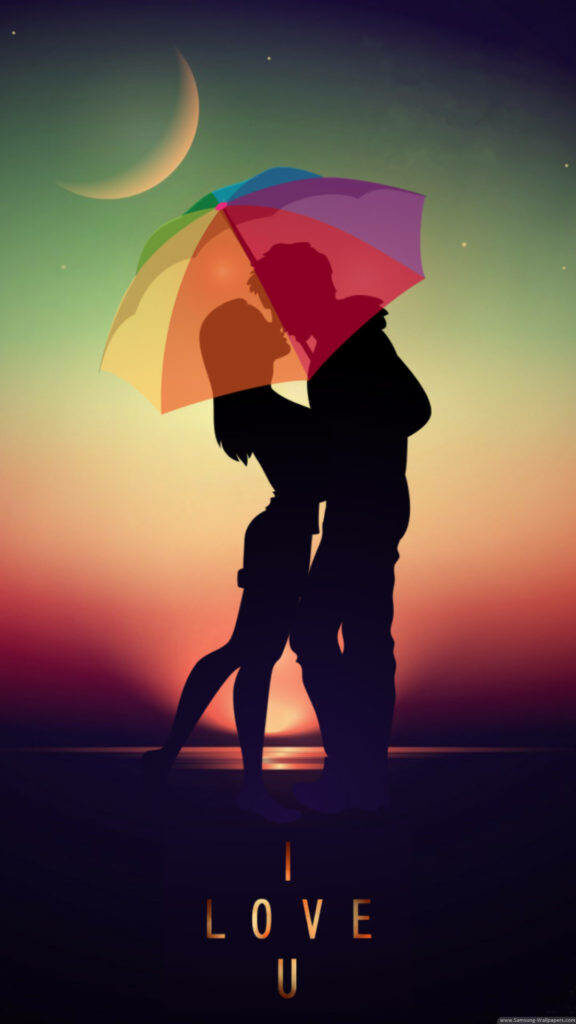 Romantic Couple Silhouette Wallpaper: Love Under a Colorful Umbrella