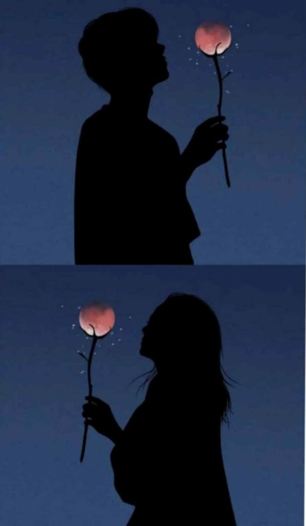 Romantic couple silhouettes with glowing orbs under deep blue twilight sky wallpaper background