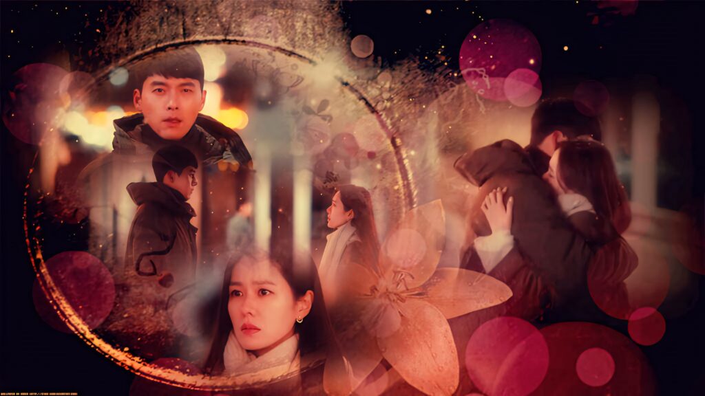 Romantic Crash Landing On You wallpaper with Yoon Se-ri and Ri Jeong-hyeok glowing hues and soft bokeh