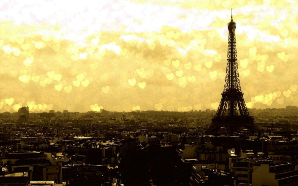 Romantic Eiffel Tower Wallpaper with Heart Patterns & Yellow Glow