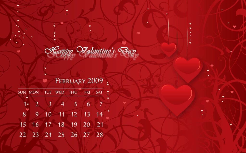 Romantic February 2009 calendar wallpaper with red hearts and crimson floral swirls background