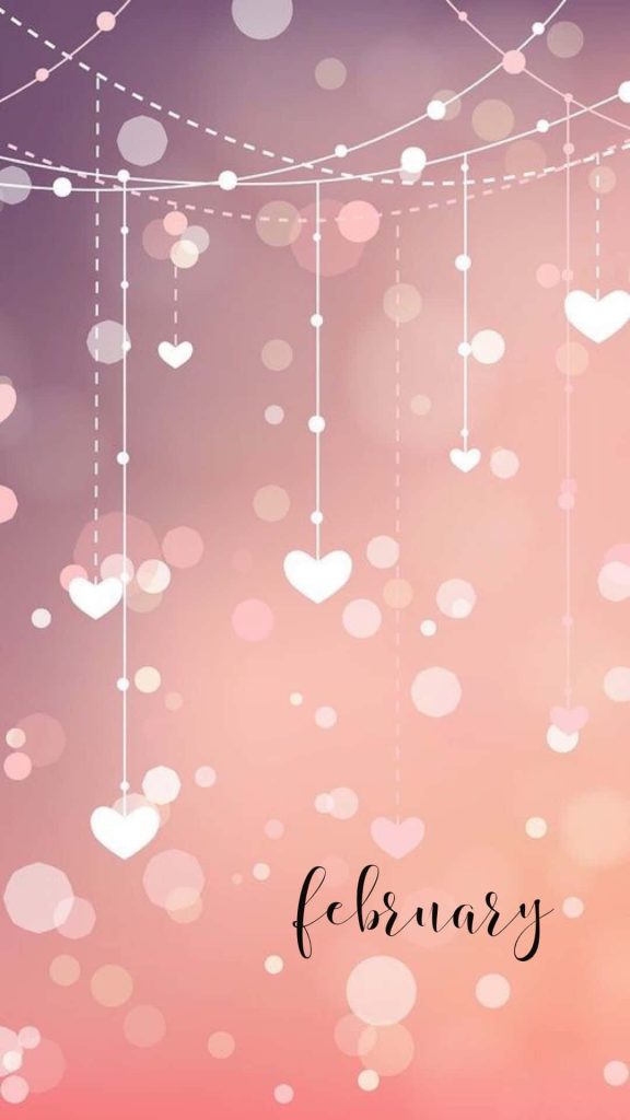 February romantic digital wallpaper pink peach gradient string lights white hearts mobile background