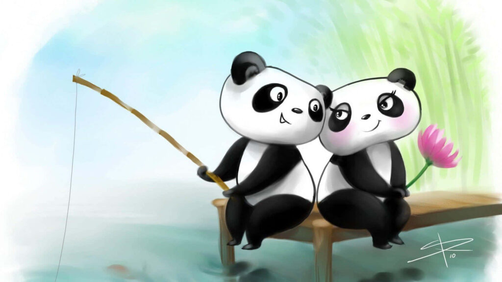 Panda Love at the Lakeside: Adorable Cartoon Couple Enjoying a Fishing Date Wallpaper