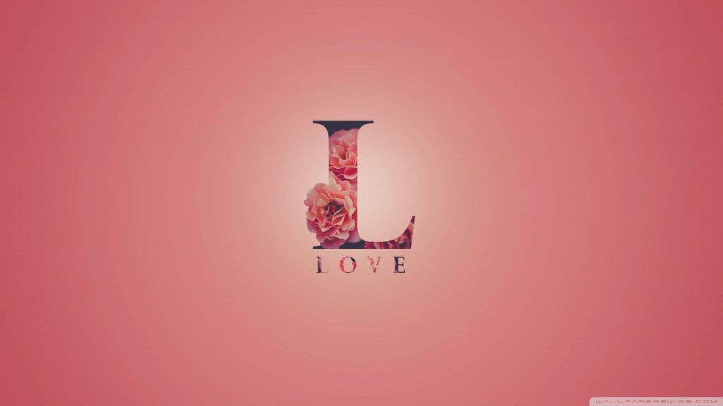 Romantic serif letter L with pink rose pattern and love text on soft gradient background wallpaper