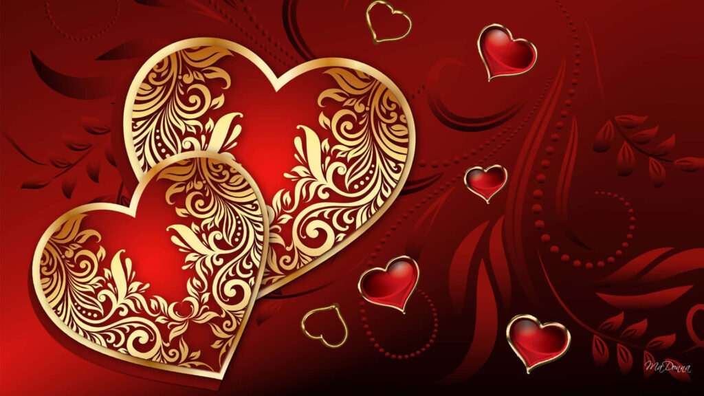 Romantic Red Hearts Wallpaper: Intricate Gold Design on Crimson Background