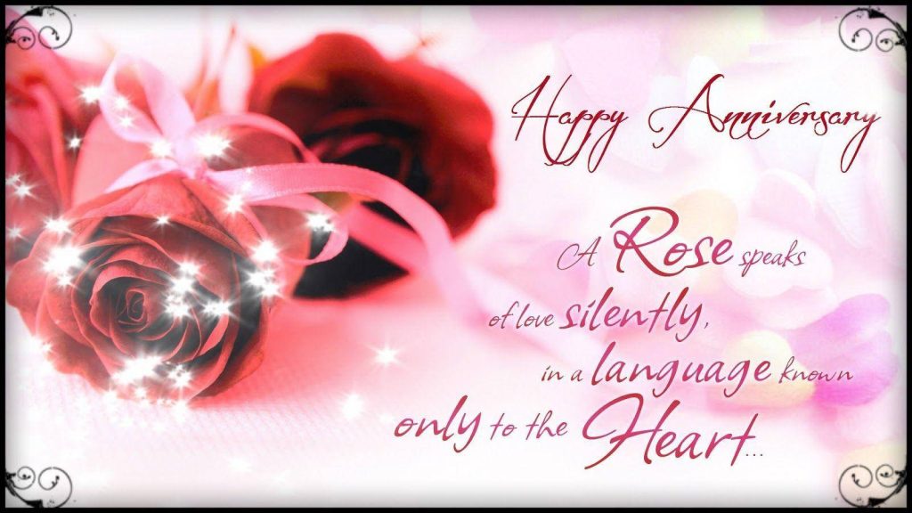 Romantic Happy Anniversary wallpaper with red rose pink ribbon sparkling lights and heartfelt quote