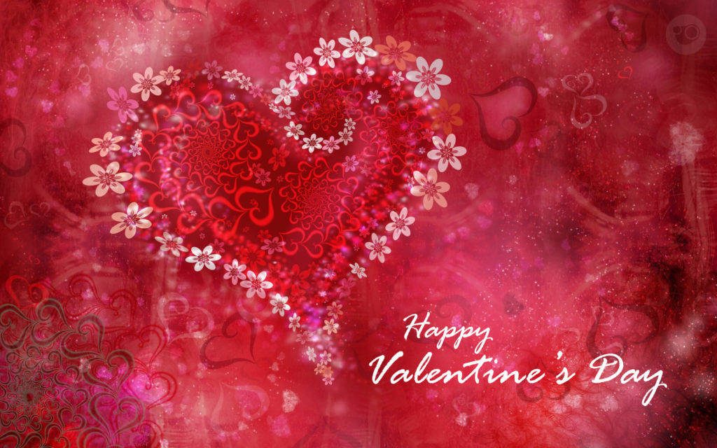 Romantic Valentine’s Day wallpaper with glowing heart and floral swirls on red textured background