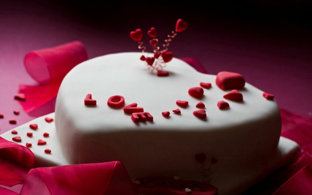 Romantic Heart-Shaped Cake with LOVE & Pink Ribbon Wallpaper