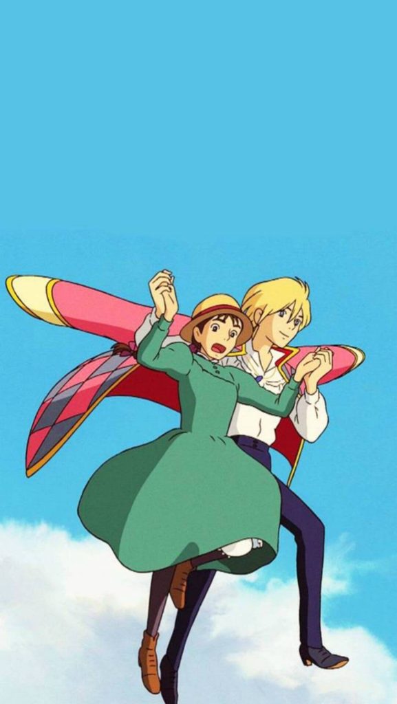 Sophie and Howl flying in bright blue sky classic Studio Ghibli anime wallpaper background
