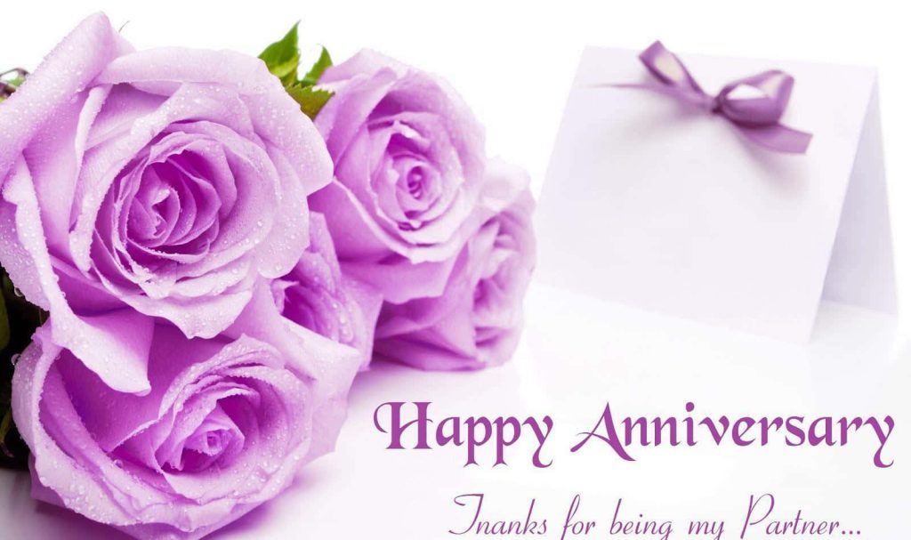 Romantic lavender roses with dew and Happy Anniversary card with purple ribbon background Wallpaper