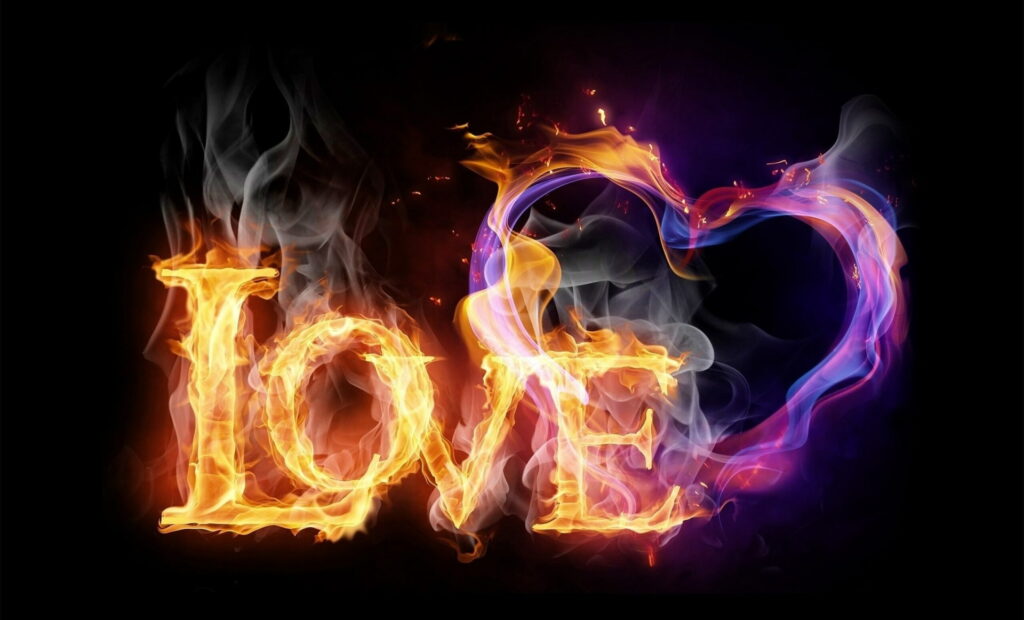 Fiery LOVE wallpaper with blazing orange flames and glowing heart on black smoky background