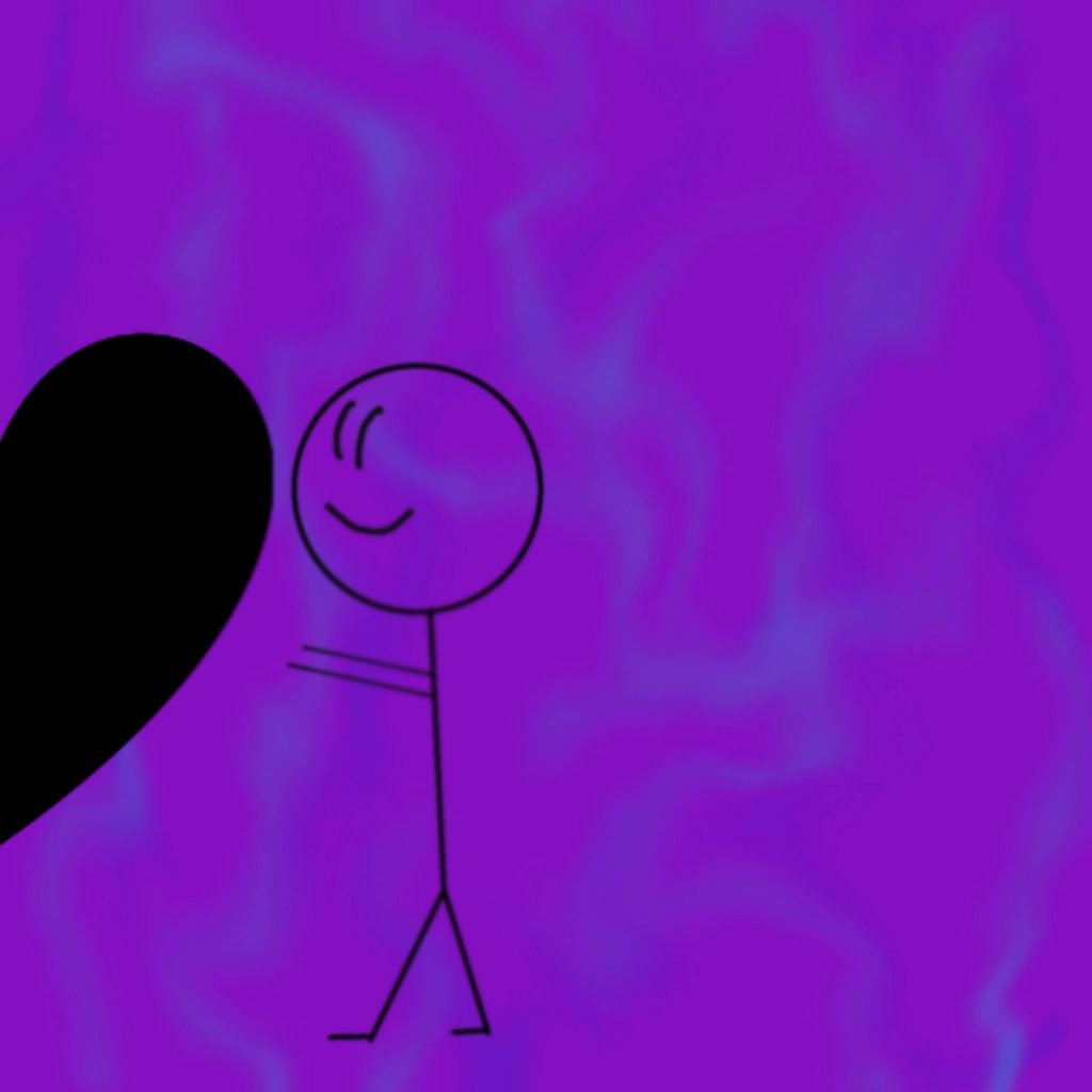 Minimalist couple stickman wallpaper with black figure reaching heart on dreamy violet swirl background