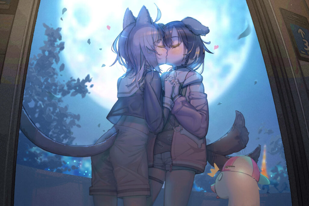 Moonlit Kiss: Midnight Girls Wallpaper Art - Hololive Style