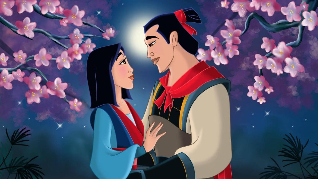 Mulan and Li Shang romantic moonlight scene under cherry blossoms Disney wallpaper background